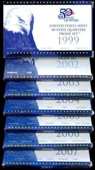 7 Different US State Quarter Proof Sets in Box w/Coa: 1999-2007