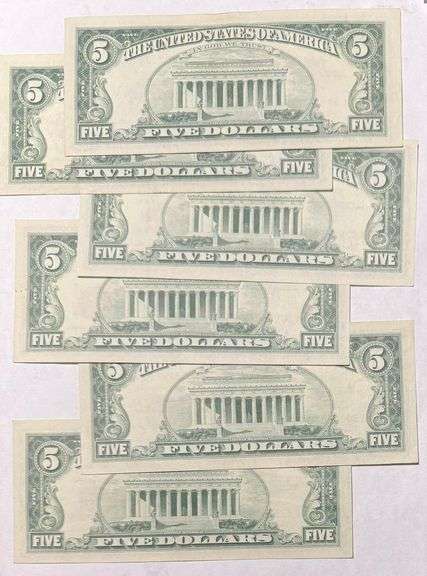 6 1963 Series Slider $5 Red Seal US Notes.
