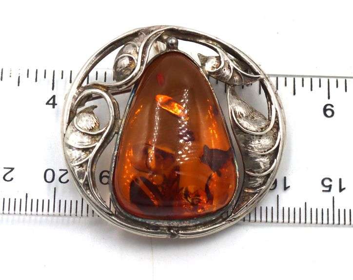 Lot of 2 Vintage 925 sterling silver amber brooches