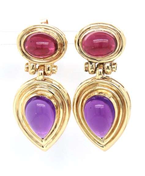 14kt Yellow gold Garnet and Amethyst cab dangle earrings
