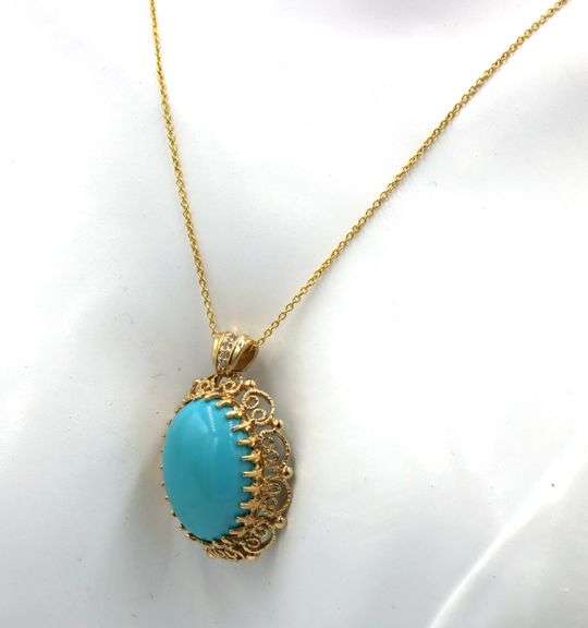 14kt Yellow gold large turquoise and diamond accent pendant on chain