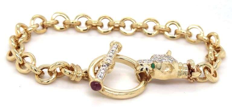 14kt Yellow gold pave diamond toggle rolo link bracelet