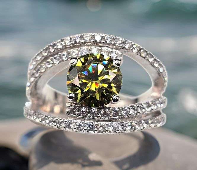 14 Kt White Gold Plated  3.08 Ct Rare Lab Simulated Amber Diamond Ring