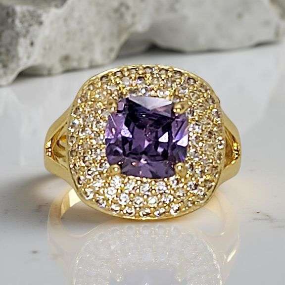 Gorgeous 18 Kt Gold Plate 5 Piece Lab Simulated Amethyst and Diamond Jewelry Set