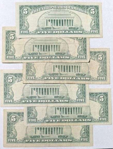 6 1963 Series $5 Red Seal US Notes.
