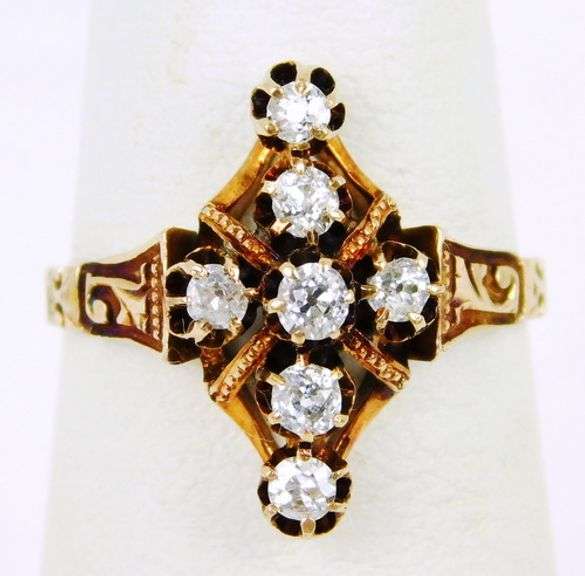 Antique 14K Mine Cut Diamonds Cross Ring, 5.75