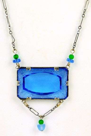 Deco Sterling Carved Glass Necklace