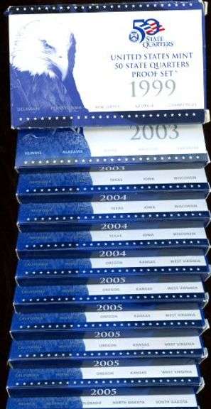 11 Assorted US State Quarter Proof Sets in Box w/CoA: 1999-2006