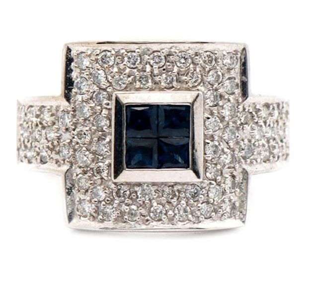 14kt White gold princess cut sapphire and pave diamond ring