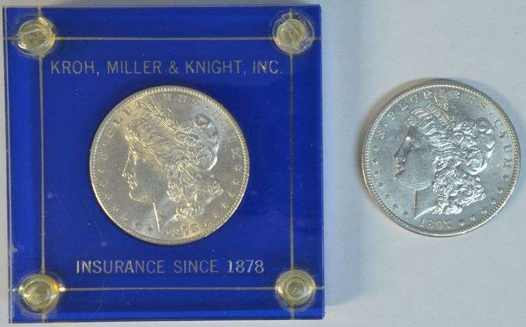 1878-S in custom holder and 1897-S Morgan Silver Dollars in BU