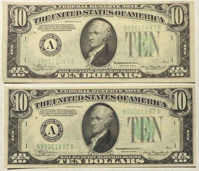 2 Unc Boston 1934 A $10 Fed Reserve Notes