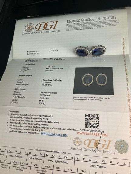 CERTIFIED 18K WHITE GOLD DIAMOND AND SAPPHIRE RING AND EARRING SET