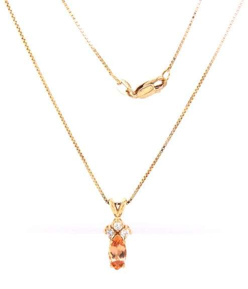 14kt Yellow gold 1ct Peach topaz and diamond pendant on box chain