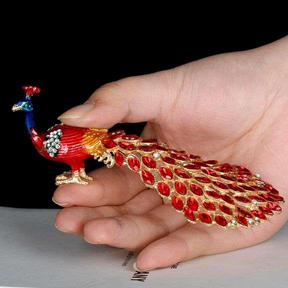 Hand-Painted Peacock Jewelry Trinket Box