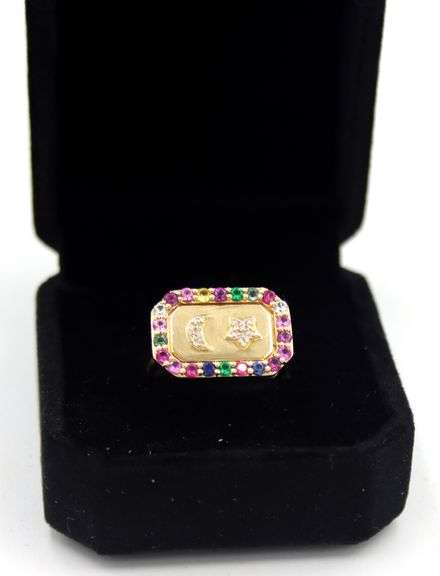14kt Yellow gold Diamond & Multi Gem Star & Moon Ring