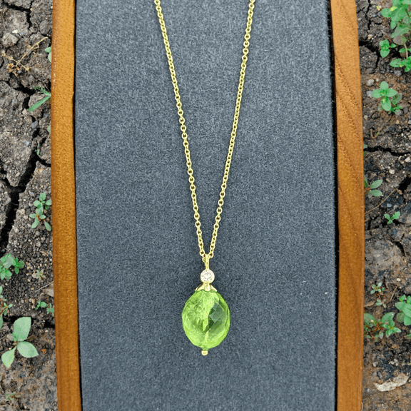 18kt Yellow gold Peridot & Bezel Set Accent Diamond Pendant on chain
