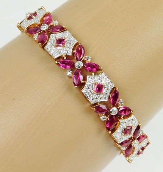 Sterling Rose Gold Rubies & Diamond Accent Bracelet
