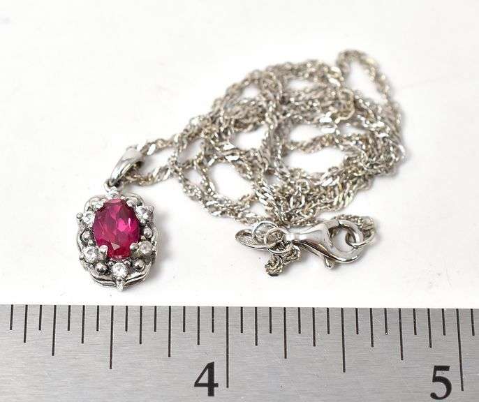 Pink Sapphire and CZ Gemstone Pendant Necklace in Sterling Silver