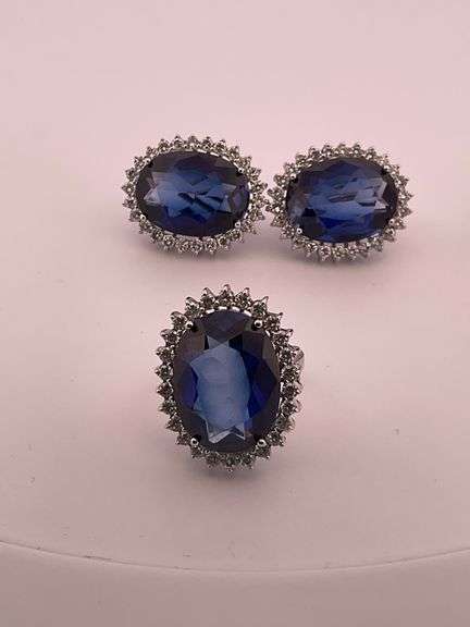 CERTIFIED 18K WHITE GOLD DIAMOND AND SAPPHIRE RING AND EARRING SET