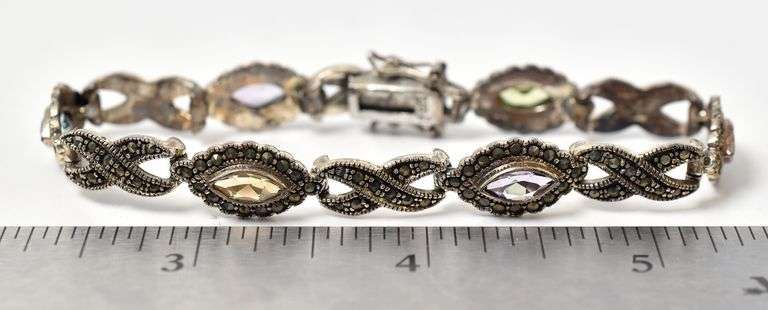 Colorful CZ and Marcasite Gemstone Bracelet in Sterling Silver