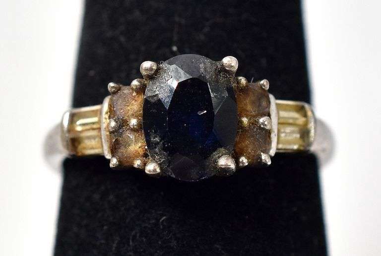Blue Sapphire and Cz Gemstone Ring in Sterling Silver