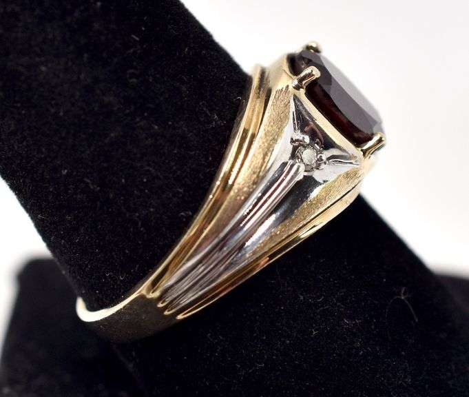 Marvelous 10K Yellow and White Gold Diamond and Red Garnet Gemstone Ring