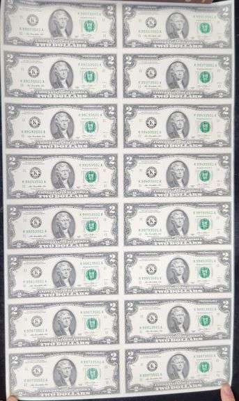 2013 Two Dollar Bill Uncut Currency Sheet, 16 Notes
