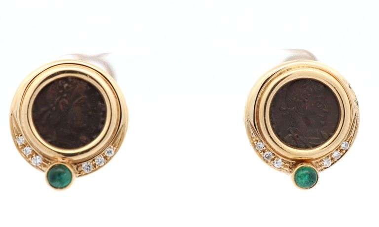18kt Yellow gold 0.15ctw Diamond and Emerald Cabochon Ancient Coin Earrings