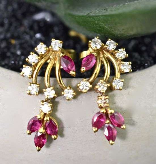 Feminine 14K Yellow Gold Ruby & Diamond Dangle Earrings