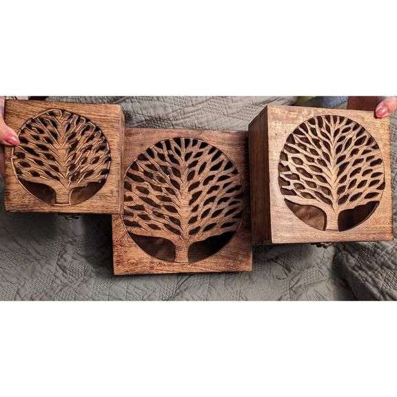 Set of 3 Handmade Wooden Boxes with Tree Carvings