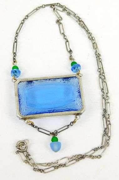 Deco Sterling Carved Glass Necklace