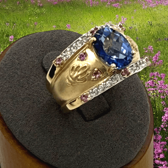 Divine Yellow Gold 4.50ct Kashmir Topaz and Pink Tourmaline and Diamond accent Ring