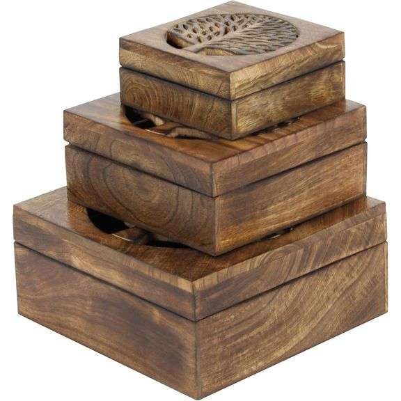 Set of 3 Handmade Wooden Boxes with Tree Carvings