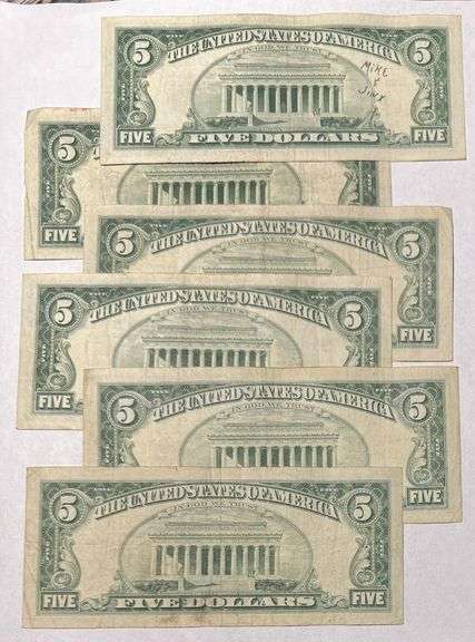 6 1963 Series $5 Red Seal US Notes.