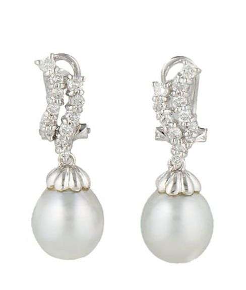 9.5MM Pearl and 0.75ctw Diamond Drop Omega Back Earrings in 18K