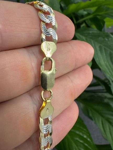 Gold Plated Sterling Silver 925 Pave 2-Tone 7.6mm Curb Chain Link Italy Bracelet 8" inch