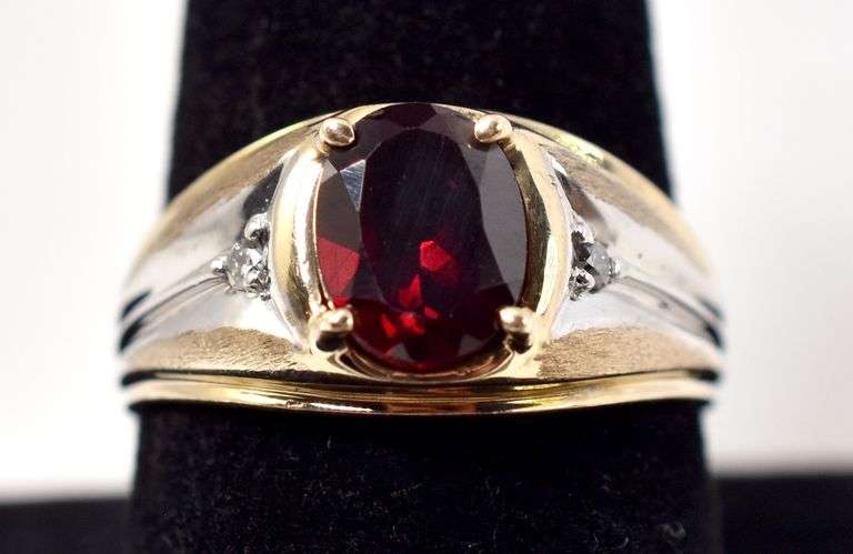 Marvelous 10K Yellow and White Gold Diamond and Red Garnet Gemstone Ring