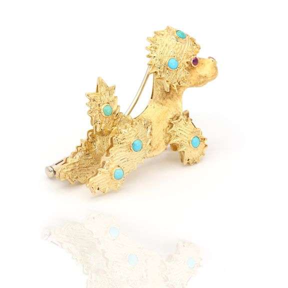 18k Yellow Gold Natural Turquoise Poodle Brooch Pin