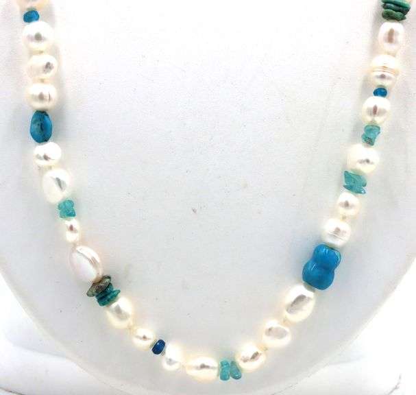 Pearl and turquoise strand necklace