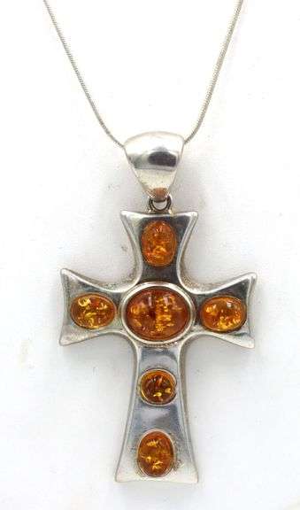 Vintage 925 sterling silver amber cross pendant on Italian chain necklace