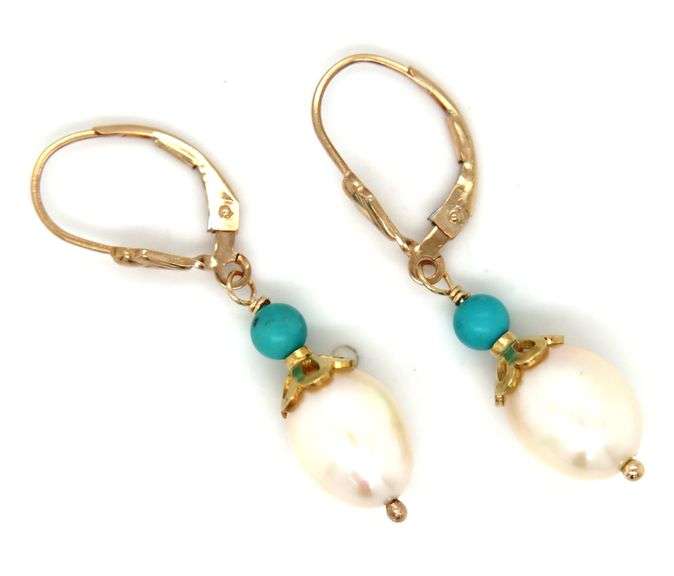 14kt Yellow gold pearl turquoise dangle earrings