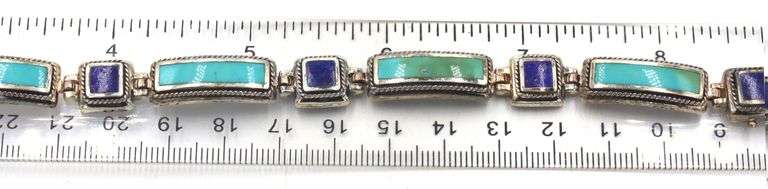 Vintage 925 sterling silver signed lapis and turquoise link bracelet