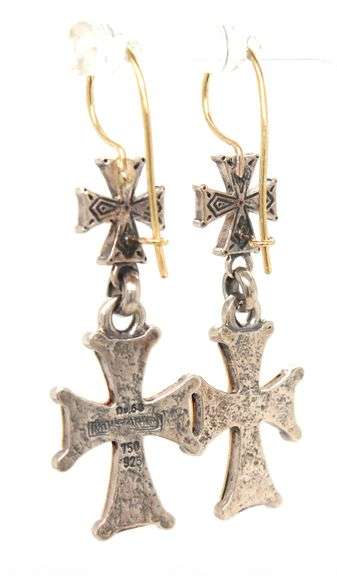 Konstantino 2 tone double cross and diamond dangle earrings