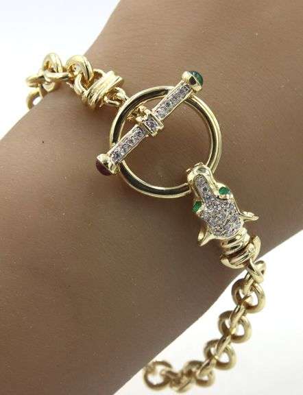 14kt Yellow gold pave diamond toggle rolo link bracelet