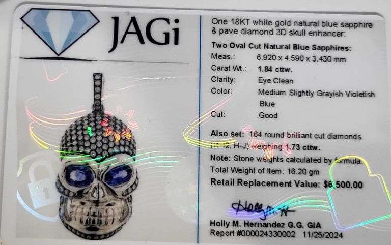 Unique 18K White Gold 3D Skull Enhancer Pendant with Natural Blue Sapphire and Pave Diamonds