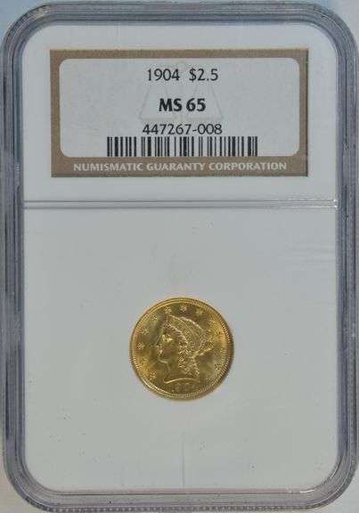 Super Gem BU 1904 US $2.50 Liberty Gold Piece. NGC MS65