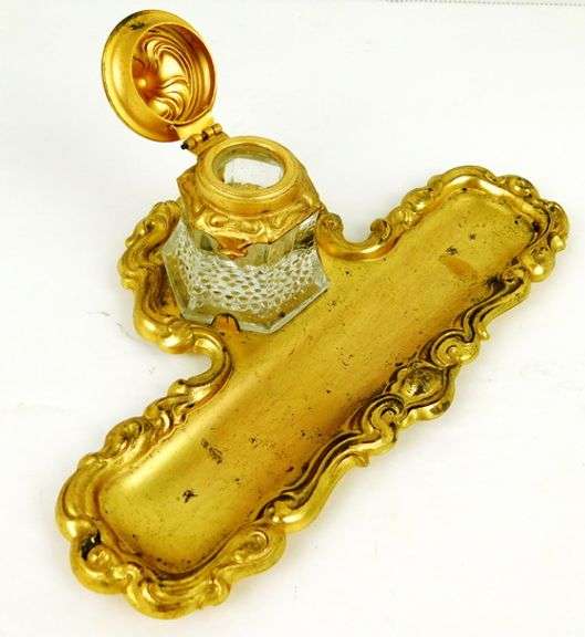Antique Brass Inkwell & Pen Tray