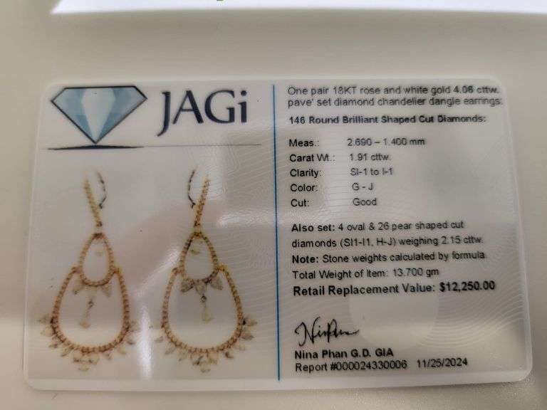 Elegant 18K Rose and White Gold Dangle Earrings with 4.06 ct Pave-Set Diamonds