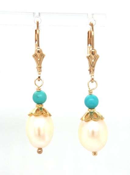 14kt Yellow gold pearl turquoise dangle earrings