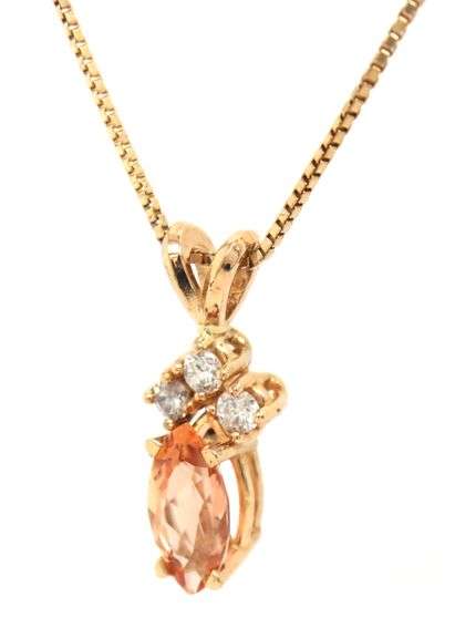 14kt Yellow gold 1ct Peach topaz and diamond pendant on box chain
